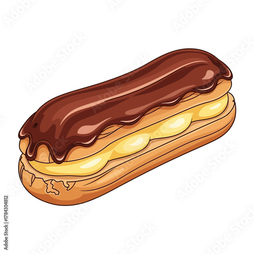 Vector illustration of a classic chocolate eclair with a creamy vanilla filling and rich chocolate glaze.