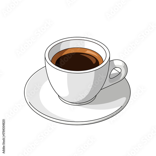 A simple, clean illustration of a white ceramic cup filled with dark, rich coffee, resting on a matching saucer.
