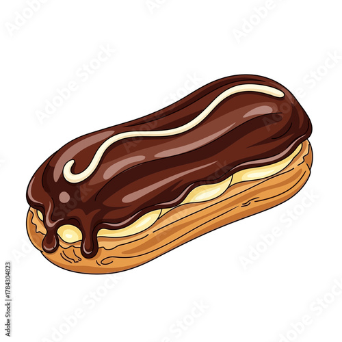 A delicious chocolate eclair pastry with cream filling and white icing drizzle, depicted in a cartoon vector style.