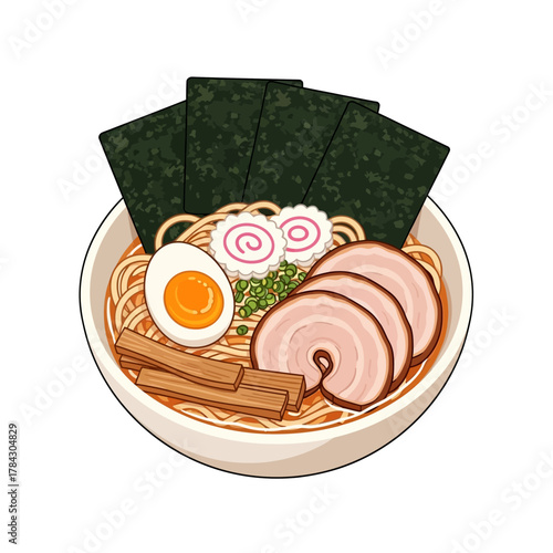 A vibrant illustration of a delicious bowl of Japanese ramen, featuring noodles, chashu pork, a soft-boiled egg, nori, narutomaki, and bamboo shoots.