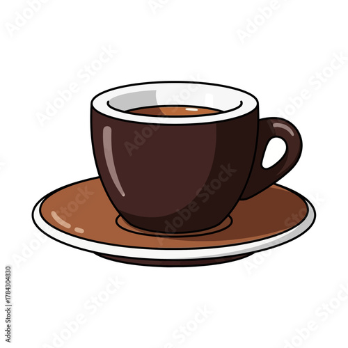 A simple illustration of a brown coffee cup and saucer filled with dark liquid.
