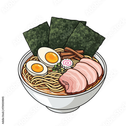 A delicious bowl of ramen noodles with sliced pork, a soft-boiled egg, and nori seaweed.