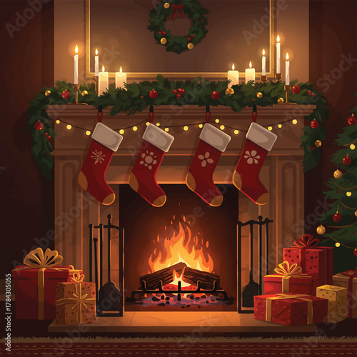 Cozy Christmas fireplace with four festive stockings, a warm fire, garland, candles, and presents, perfect for holiday season warmth and celebration
