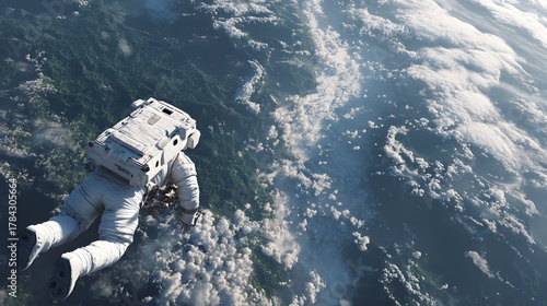 Astronaut spacewalking above the curving blue planet surface with dense cloud cover