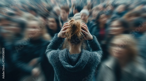 A woman stands in a busy street, visibly stressed as she holds her head in her hands. Surrounding her are blurred figures of many people, creating a sense of chaos.