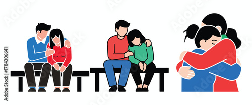 People comforting each other with hugs and sitting together