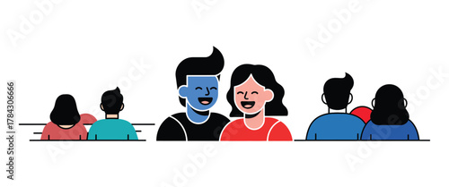 Happy couple and audience in flat design style Keywords: couple, happy, smiling, audience