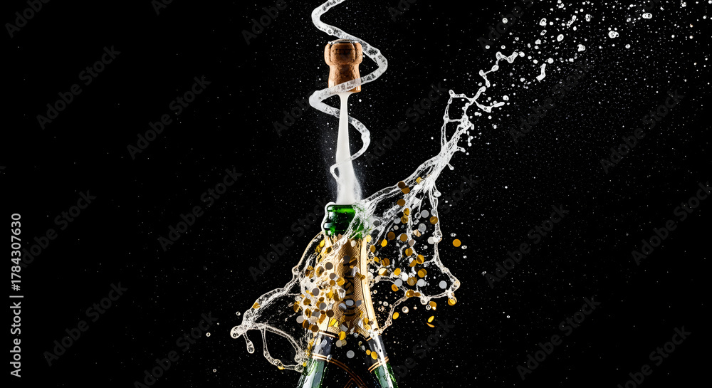 Fototapeta premium Champagne bottle exploding Celebration of fizz, bubbles and effervescence on a black background