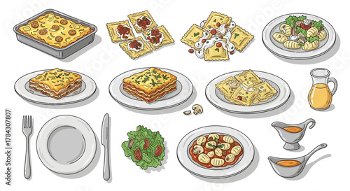 Various Italian dishes including lasagna, ravioli, and salads, displayed on plates with cutlery.
