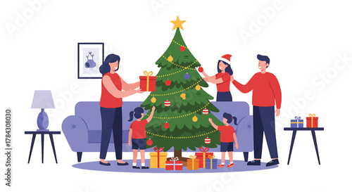 Joyful Family Decorating Christmas Tree Together at Home Parents and Children Enjoying Festive Holiday Season Preparations and Celebration