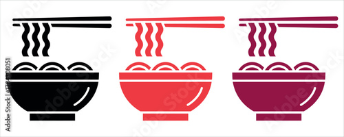 Delicious ramen noodle bowls in stylish black, red and purple tones, ready to eat with chopsticks for food lovers and bloggers, enticing Asian cuisine.