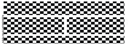 Top and bottom borders with checkered print and blank space for text. Police, taxi, chess game or rally sport car competition background. Black and white squares pattern. Vector graphic
