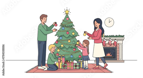Joyful Family Decorating a Christmas Tree Together in Their Cozy Home, Preparing for the Holiday Season with Gifts and Festive Cheer