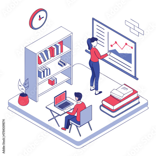 Isometric illustration of people working and learning in a modern office or study space