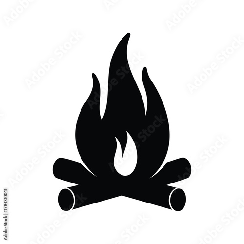 Simple Black and White Campfire Icon with Logs and Flames Graphic