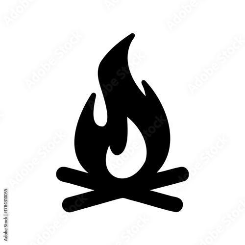 A stylized black and white illustration of a campfire with crossed logs