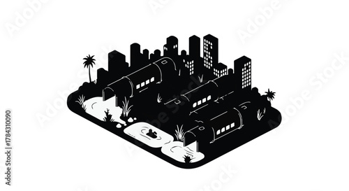 Futuristic cityscape with sleek transport pods and lush greenery