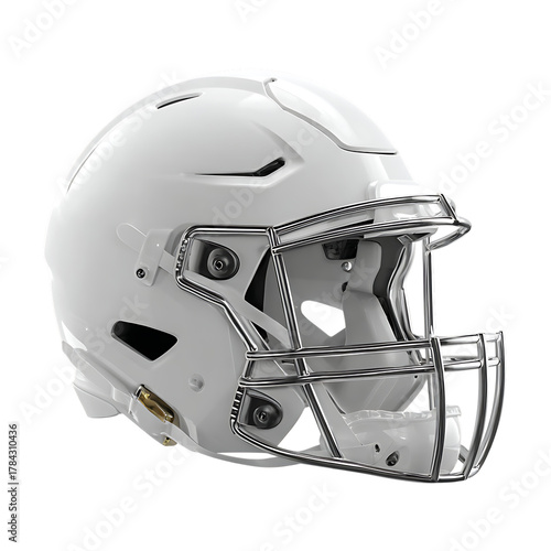  A clean white american football helmet with a silver face mas