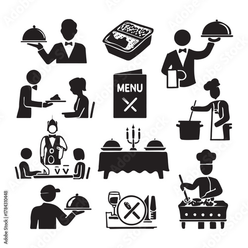 Catering line icon set vector. Catering service, food, delivery of ready meals, guest service, menu for event, banquet vector