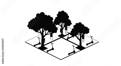 Urban landscape with trees and electric scooters in a stylized isometric view