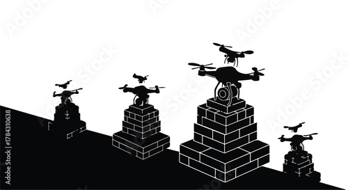 Drones ascend from stepped platforms, symbolizing technological advancement and surveillance.