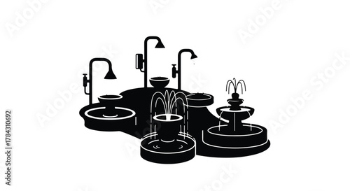 Collection of various garden fountains and water features in silhouette