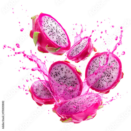 A group of dragon fruit slices are suspended in a splash