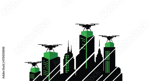 Drones hover over futuristic city skyline delivering packages from green rooftops.