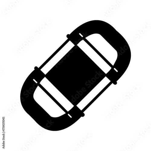 A single black and white graphic of a rubber raft illustration