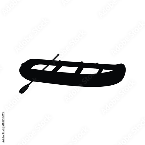 A silhouetted image depicts a rubber dinghy or inflatable raft on white