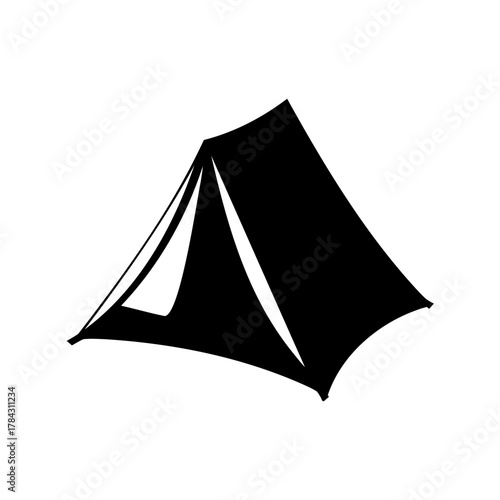 Simple black silhouette of a camping tent on a white background.