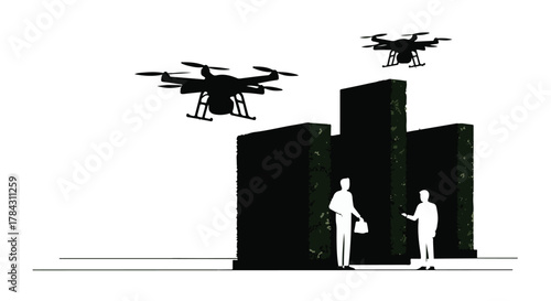 Drones deliver packages to people in a futuristic urban setting.