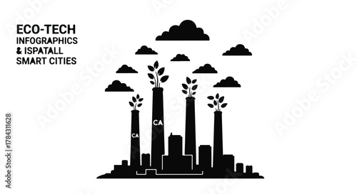 Green city skyline with plants growing from smokestacks, symbolizing eco-friendly urban development.