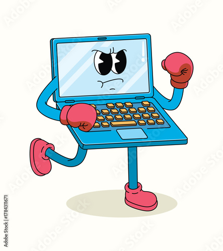 laptop boxer character groovy cartoon illustration