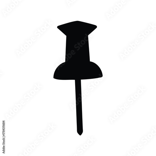Simple vector art illustration of a black push pin on white background