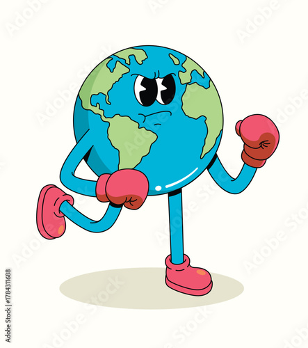 earth boxer character groovy cartoon illustration