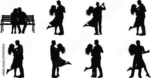 Romantic couple silhouettes in dancing and kissing poses, emotional love moments, bench scene included, flat vector illustration, black and white