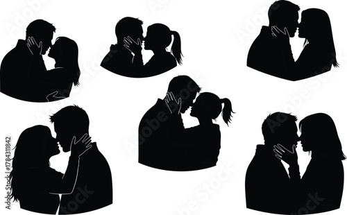 Romantic couple silhouettes in circular layout, emotional embrace poses, love and connection theme, flat vector illustration, black and white art