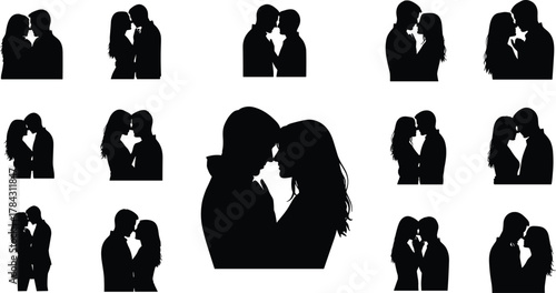 Romantic couple silhouettes kissing and embracing, emotional love poses in grid layout, black and white theme, flat vector illustration, passion art