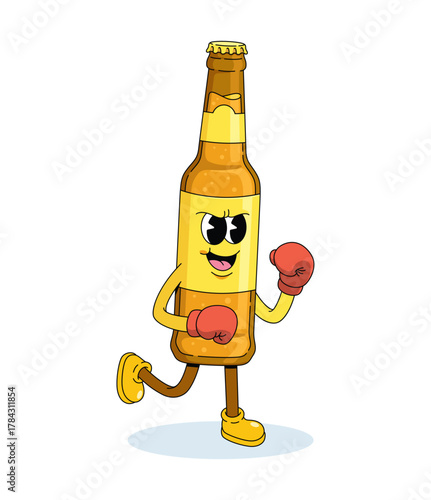beer bottle boxer character groovy cartoon illustration