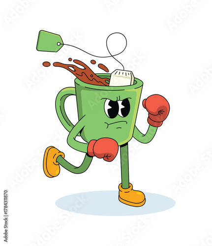 tea boxer character groovy cartoon illustration