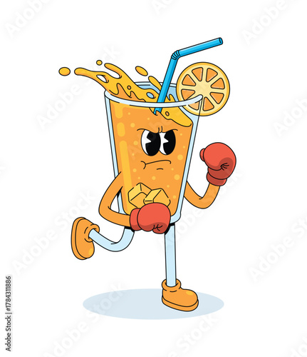orange drink boxer character groovy cartoon illustration