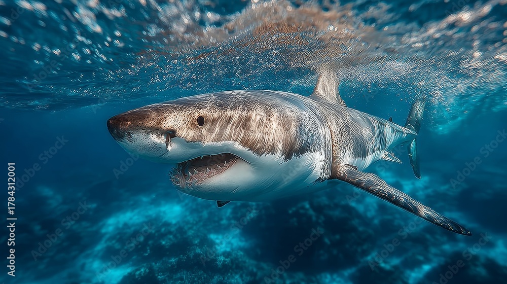 Naklejka premium Great white shark with mouth open swimming in blue ocean water with waves, powerful marine predator in natural habitat.