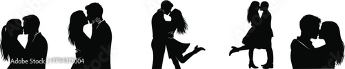 Couples kissing in romantic poses, silhouette love scenes, emotional embrace moments, black and white theme, flat vector illustration, passion art