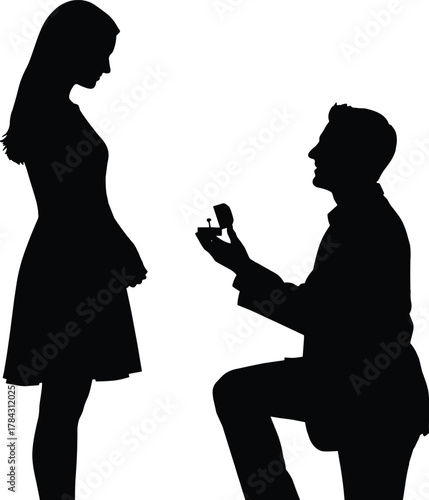 Marriage proposal silhouette, romantic couple moment, kneeling with ring box, emotional engagement scene, flat vector illustration, black and white art