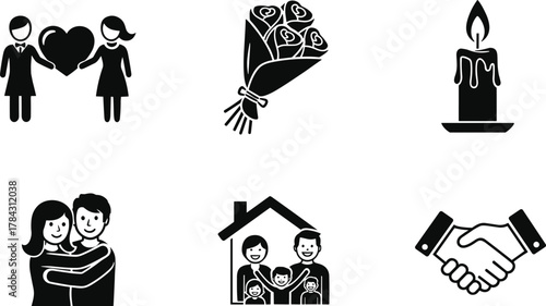 Relationship and emotion icons, love, family, handshake, candle, bouquet, couple embrace, flat vector illustration, black and white symbols