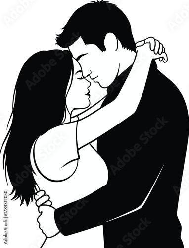 Romantic couple embracing in black and white, emotional love moment, intimate pose, closeness and connection, flat vector illustration, silhouette art