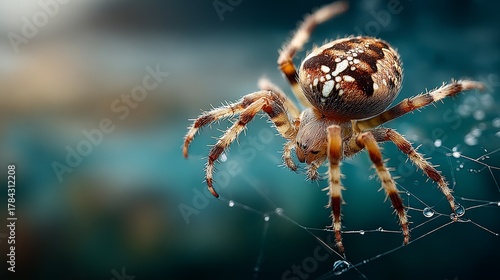 Arachne spider on its web with blurred green grassland background, top down macro photography with natural lighting and high detail.