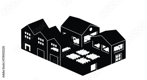 Stylized silhouette of houses and garden beds in a community setting