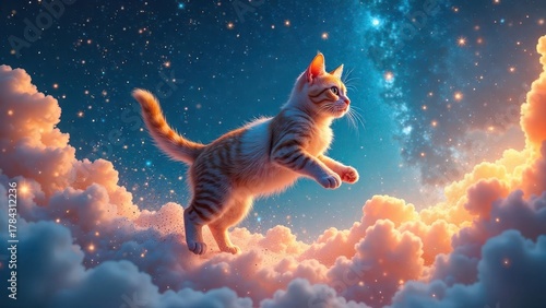 A Kitten's Leap of Faith Across a Celestial Sea of Clouds and Sparkling Stardust